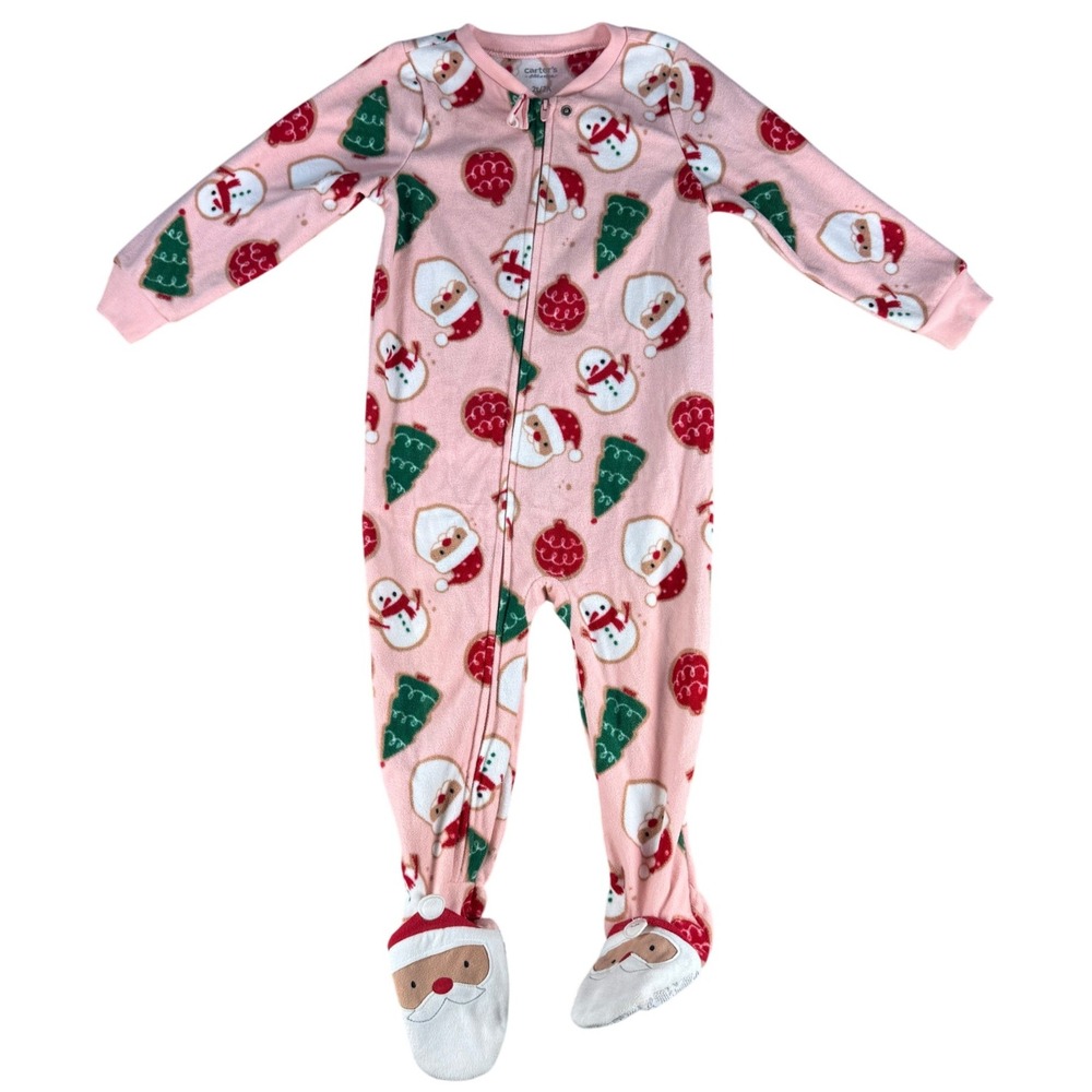 Carter's Child of Mine Footed Pajamas Christmas Santa Pink 2T Fleece Toddler
